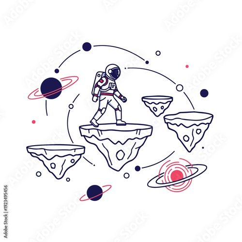 Astronaut standing on a floating rock formation surrounded by planets and celestial bodies in a minimalist line art illustration with a white background.