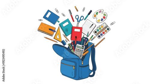 Variety of school supplies and stationery items flying out of an open blue backpack representing education, learning, and back to school season.