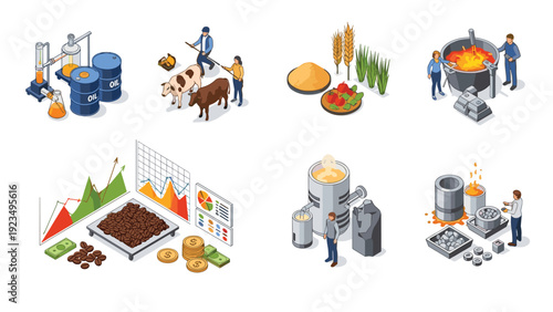 Comprehensive isometric collection showcases diverse industries including farming, metallurgy, food production, and data analysis.