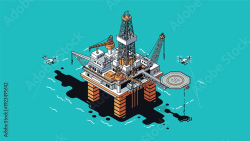 Modern offshore oil platform operates in the ocean with monitoring drones and a visible oil spill on the water surface.