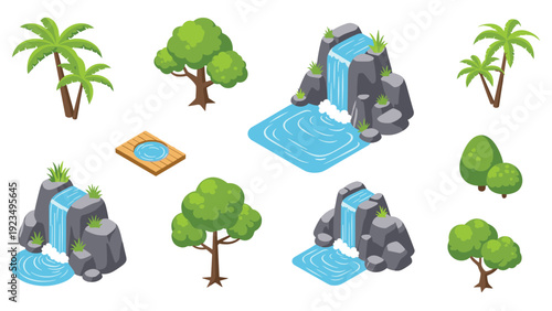 Collection of isometric landscape elements including cascading waterfalls on rock formations, tropical palm trees, and lush green foliage.