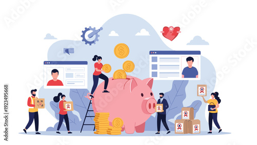 Community members participating in a crowdfunding and social donation campaign by contributing coins to a giant piggy bank for charity.