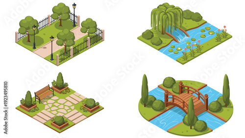 Four isometric park modules featuring green spaces with trees, benches, paths, and water features for urban planning and landscaping design.