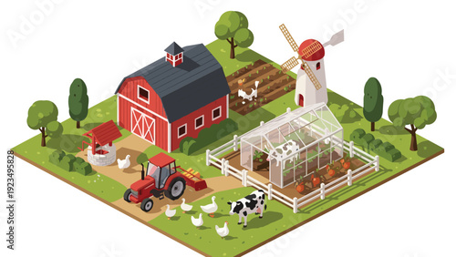 Picturesque isometric farm scene complete with a red barn, windmill, greenhouse, tractor, and livestock including cows and chickens.