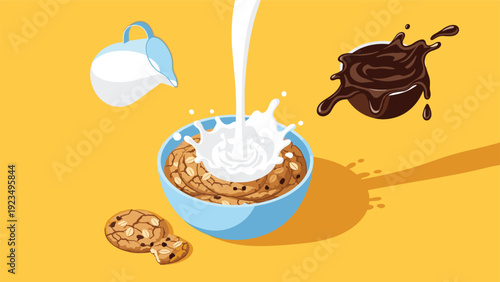 Delicious chocolate chip cookies in a bowl with a dynamic milk splash and chocolate sauce pour against a warm yellow background.