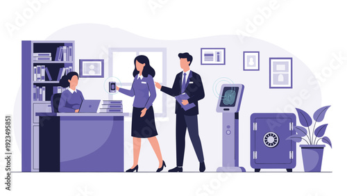 Modern office environment featuring biometric fingerprint scanners and high-security safes for protecting sensitive business information.