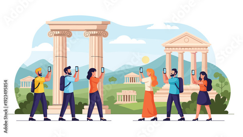 Group of tourists taking photos with their smartphones at an ancient greek archaeological site with marble columns and temples.
