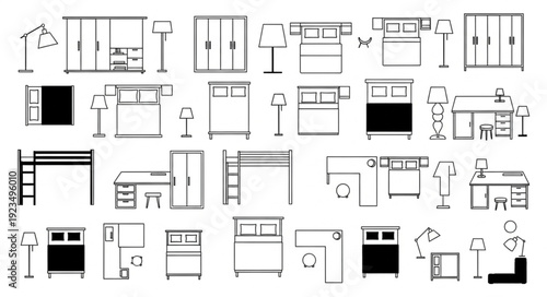 Collection of various furniture designs, including beds, wardrobes, and desks, in a minimalist style.