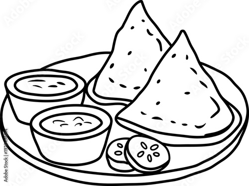 Traditional Indian Samosa Snack with Chutney Line Art