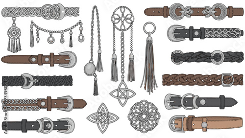 Wide selection of ornate leather and metal belts, buckles, and jewelry pieces featuring intricate knots and tassels for fashion design.