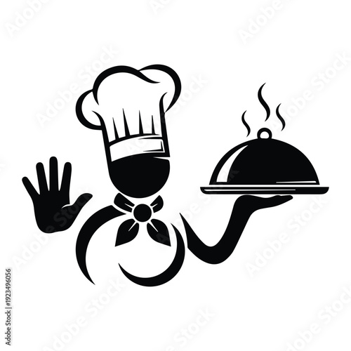 Restaurant emblem featuring chef character with toque and serving tray Silhouette vector black on a white background