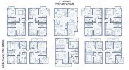 Architectural blueprints showcasing various apartment layouts and floor plans for residential buildings.