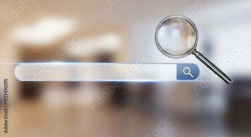 Magnifying glass hovering over a search bar on a blurred background with a blue submit button