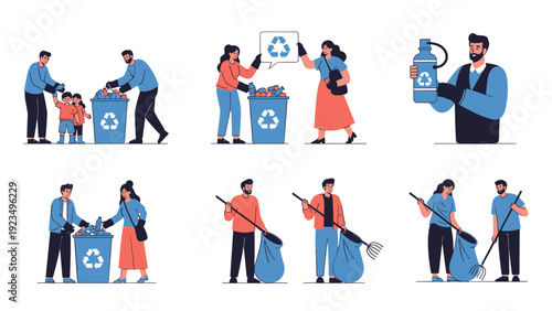 Collection of people engaged in waste management activities like sorting recycling, picking up litter, and using reusable bottles.