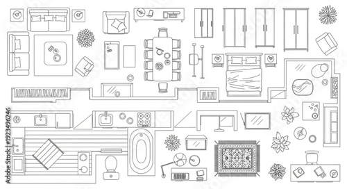 Detailed architectural floor plan showcasing interior design elements and furniture arrangements.