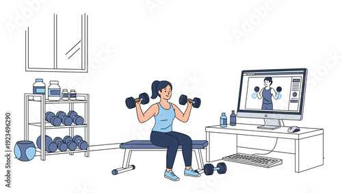 Young woman lifting heavy dumbbells at home while following a professional fitness workout guide on a large computer screen.