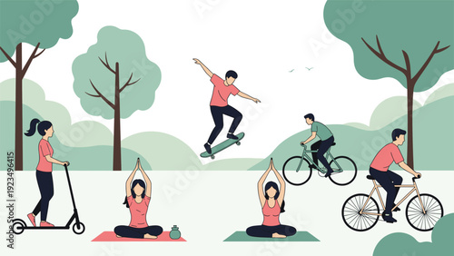 Group of people enjoying different outdoor recreation activities like cycling, skateboarding, yoga, and scootering in a large park.