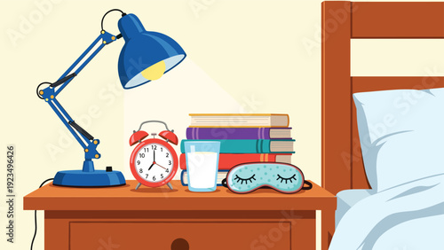 Bedside table arrangement with a blue lamp, red alarm clock, stack of colorful books, glass of milk, and a comfortable sleep mask.