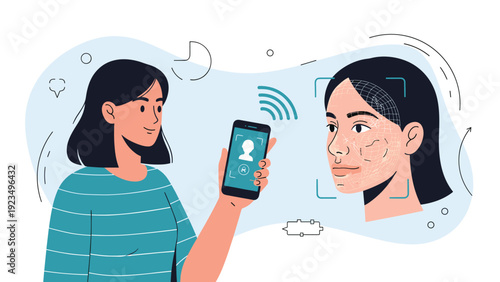 Young woman using a modern smartphone for facial recognition security and biometric authentication with a face scanning interface.