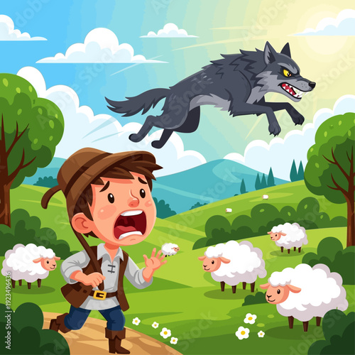 Big Bad Wolf Chasing Shepherd Boy Cartoon Illustration – Fable Concept Art