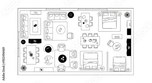 Detailed architectural floor plan showcasing room layouts and furniture arrangements for a building.