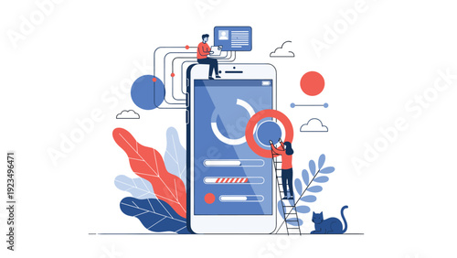 Concept of mobile app development and user interface design with tiny people interacting with a large digital smartphone screen.