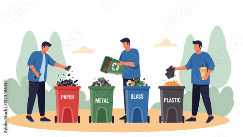 Group of people sorting various types of waste like paper, metal, glass, and plastic into designated colorful recycling bins.