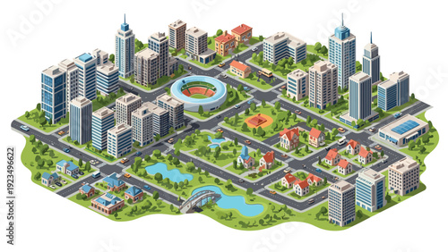 Modern city landscape featuring many high rise buildings, green parks, a large central stadium, and suburban residential houses.