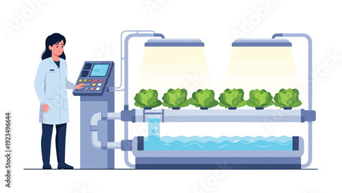 Female scientist or engineer monitoring a modern automated hydroponic plant growth system in a professional laboratory setting.