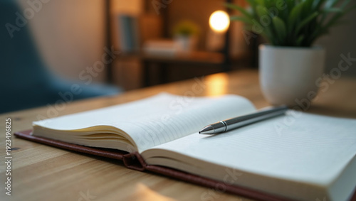 Open notebook with pen on a wooden desk. Therapy session notes or journaling concept. Professional workspace with warm lighting