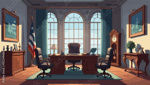 Grand presidential office in pixel art style featuring a large wooden desk, ornate furniture, high arched windows, and a flag.
