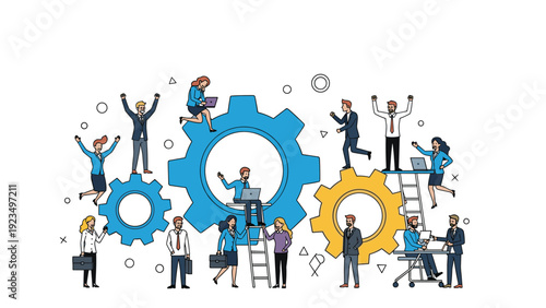 Business team working together around large blue and yellow gears to represent cooperation, process, and industrial strategy.