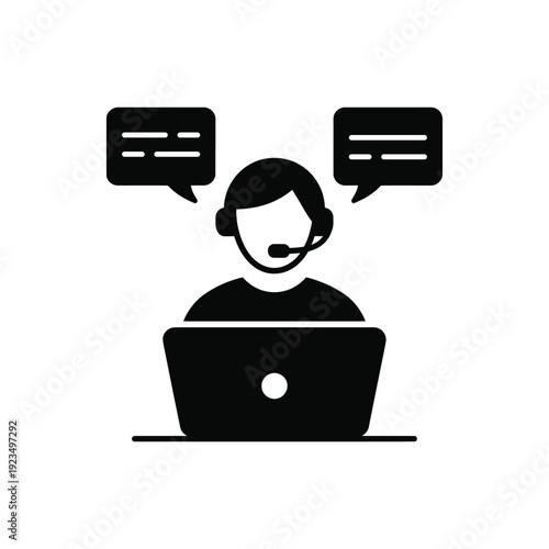 Customer support agent silhouette, call center operator with laptop and headset vector illustration