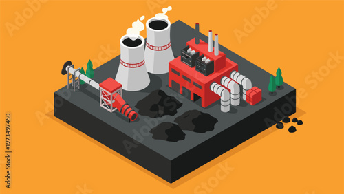 Isometric 3d illustration of a coal-fired power plant with cooling towers, factory buildings, and piles of raw material.