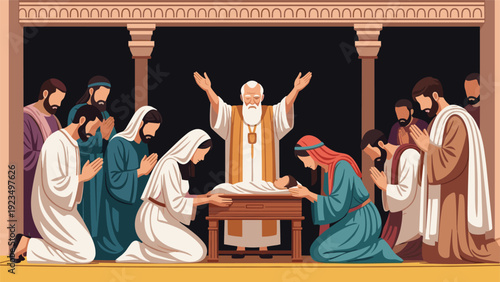 Group of faithful people kneeling in prayer before a priest during a traditional religious ceremony in a sacred temple.