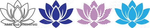 Collection of lotus flower icons with beautiful petal designs in purple and blue for wellness and yoga brand identities