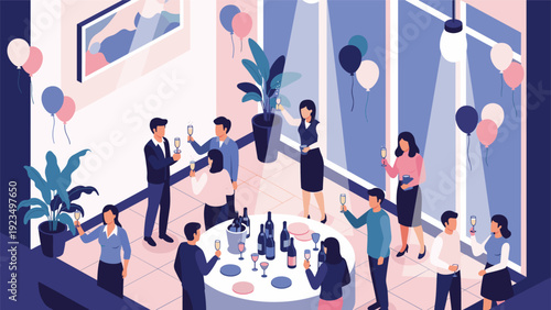Colleagues attending a corporate cocktail party or networking event in a modern office lounge with drinks and balloons.