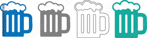 Set of beer mug icons featuring various fill patterns and outline styles for pub bar and Oktoberfest celebration graphics