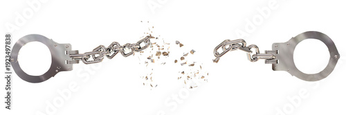 Photos handcuffs chain breaking isolated background, - 3d rendering