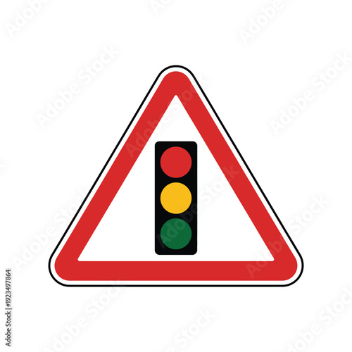 Traffic light ahead warning sign, red triangle caution alert road safety symbol vector illustration