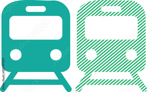 Collection of train locomotive front view icons in green and blue colors for public transport and railway travel applications