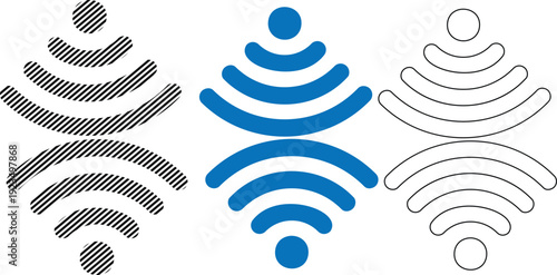 Group of signal wave icons featuring grey and blue patterns for wireless communication and network technology related interface designs