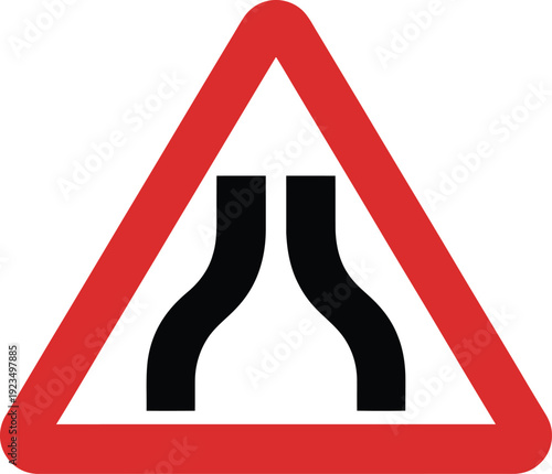 Road narrows traffic sign, red triangle warning and caution alert symbol vector illustration