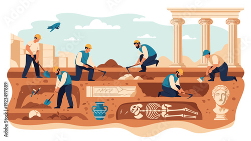 Group of archaeologists working at an excavation site to uncover ancient statues, skeletons, and pottery from history.