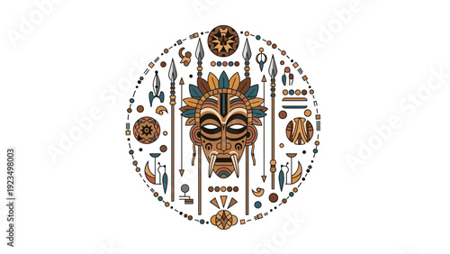 Circular arrangement of traditional tribal masks, spears, and cultural decorative objects on a clean white background.