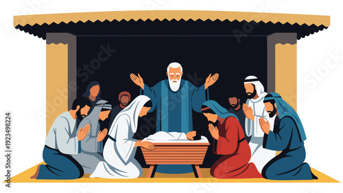 Religious scene showing faithful people kneeling in prayer around a newborn baby in a manger during a sacred ceremony.