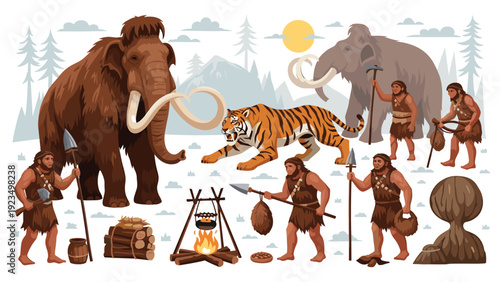 Prehistoric scene of cavemen using primitive tools to hunt large woolly mammoths and a dangerous saber-tooth tiger.