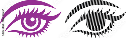 Collection of eye icons including purple lashes and black outline styles for beauty cosmetics and medical optometry related designs