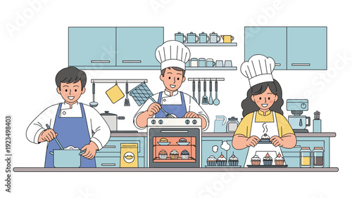 Group of professional chefs and bakers working together in a commercial kitchen preparing soup and various cupcakes with an oven and supplies.