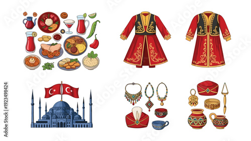 Comprehensive set of turkish cultural icons including traditional food, ethnic clothing, blue mosque architecture, and decorative jewelry items.